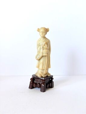 Vintage Chinese Hand-Carved Soapstone Female Figure & Basket Early 20th Century